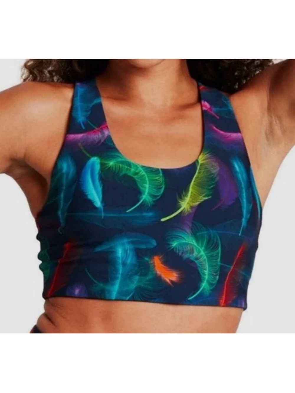 Terez Neon Feather Print Racerback Sports Bra - Navy Background